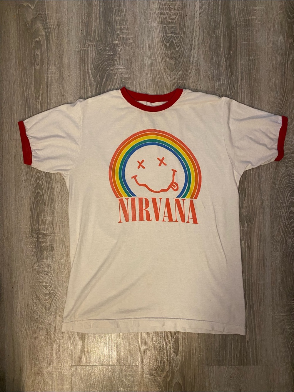 NIRVANA White Tee with Red Trim and Rainbow Smile Logo